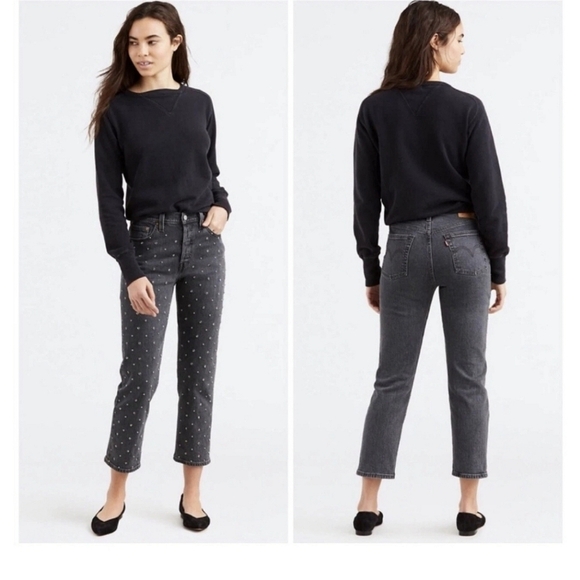 Levi's 501 Gray Studded Premium Denim Cropped Leg Jean Straight Leg Grunge Sz 25 - Picture 7 of 11